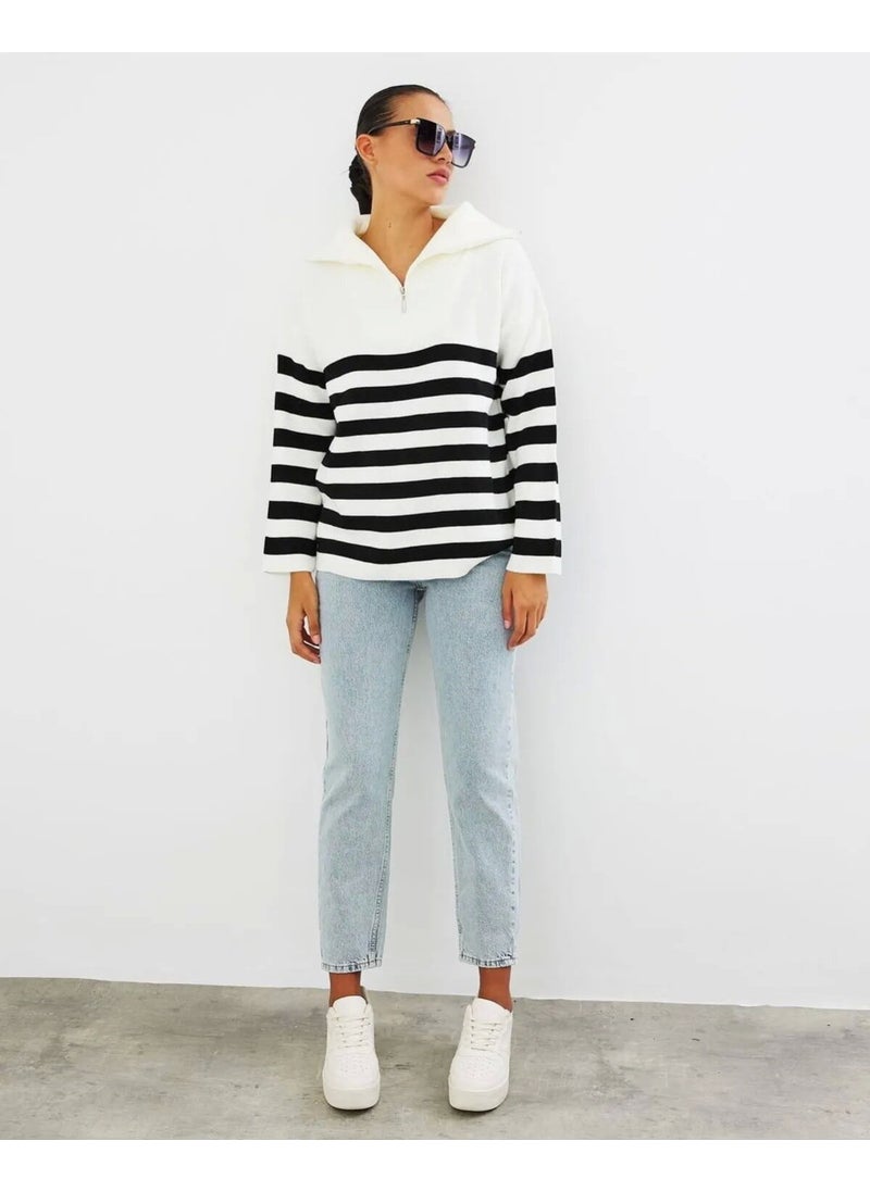 Women's Striped Oversize Cut Zippered Knitwear Sweater Ecru-Black