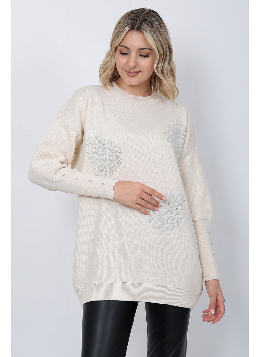 Women's Knitwear Sweater Crew Neck Leaf Patterned Sleeve Stone Oversize Stone Color