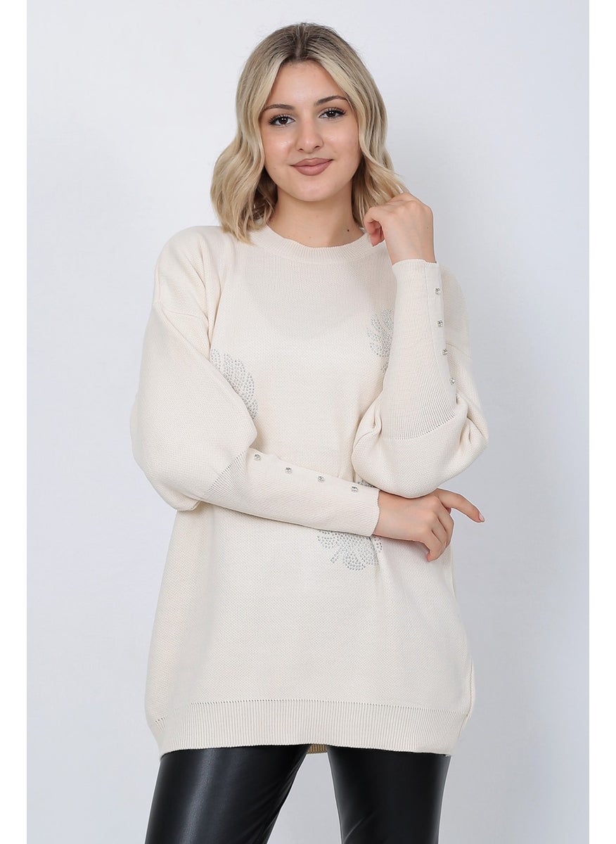 Women's Knitwear Sweater Crew Neck Leaf Patterned Sleeve Stone Oversize Stone Color