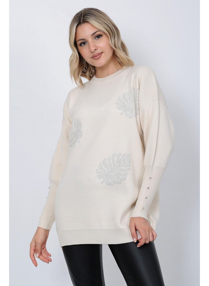 Women's Knitwear Sweater Crew Neck Leaf Patterned Sleeve Stone Oversize Stone Color