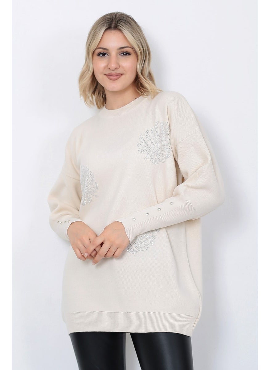 Women's Knitwear Sweater Crew Neck Leaf Patterned Sleeve Stone Oversize Stone Color