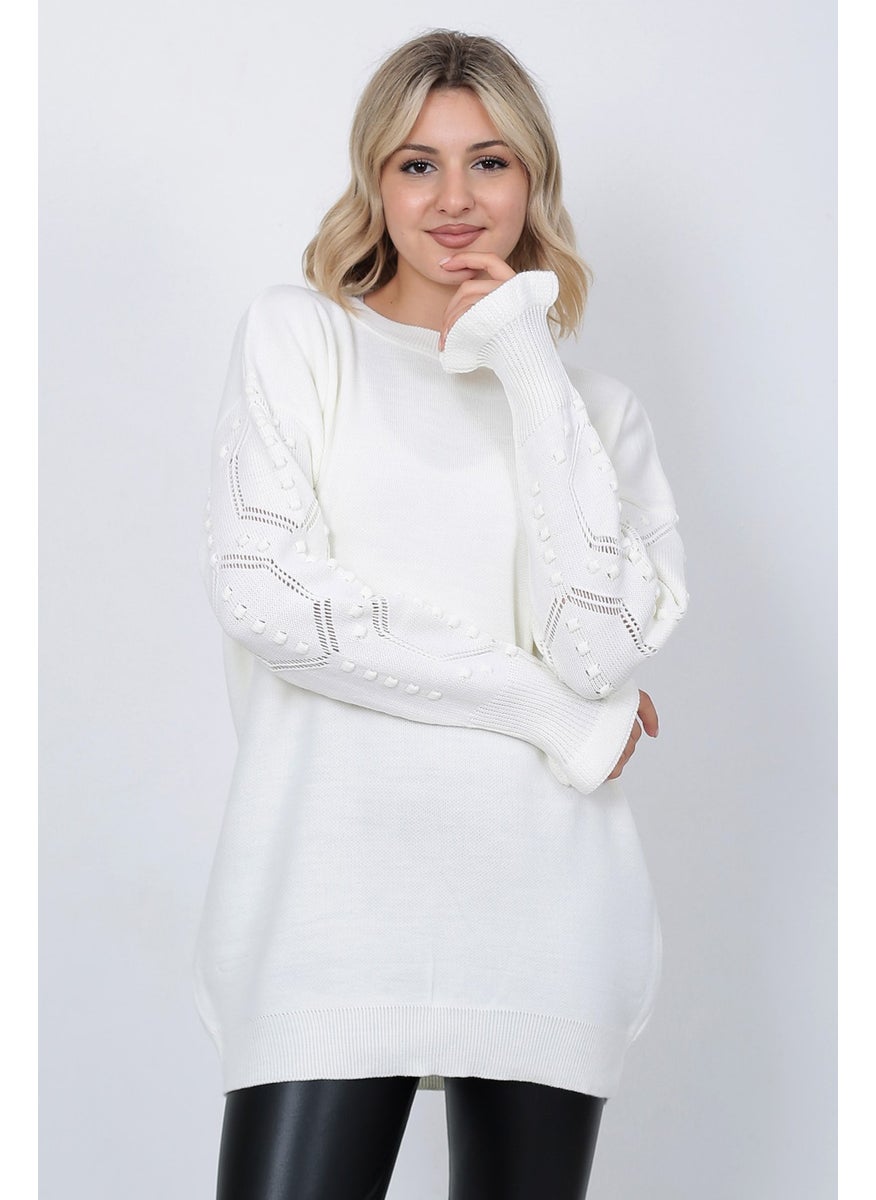 Women's Knitwear Sweater Crew Neck Sleeve Patterned Oversize Ecru