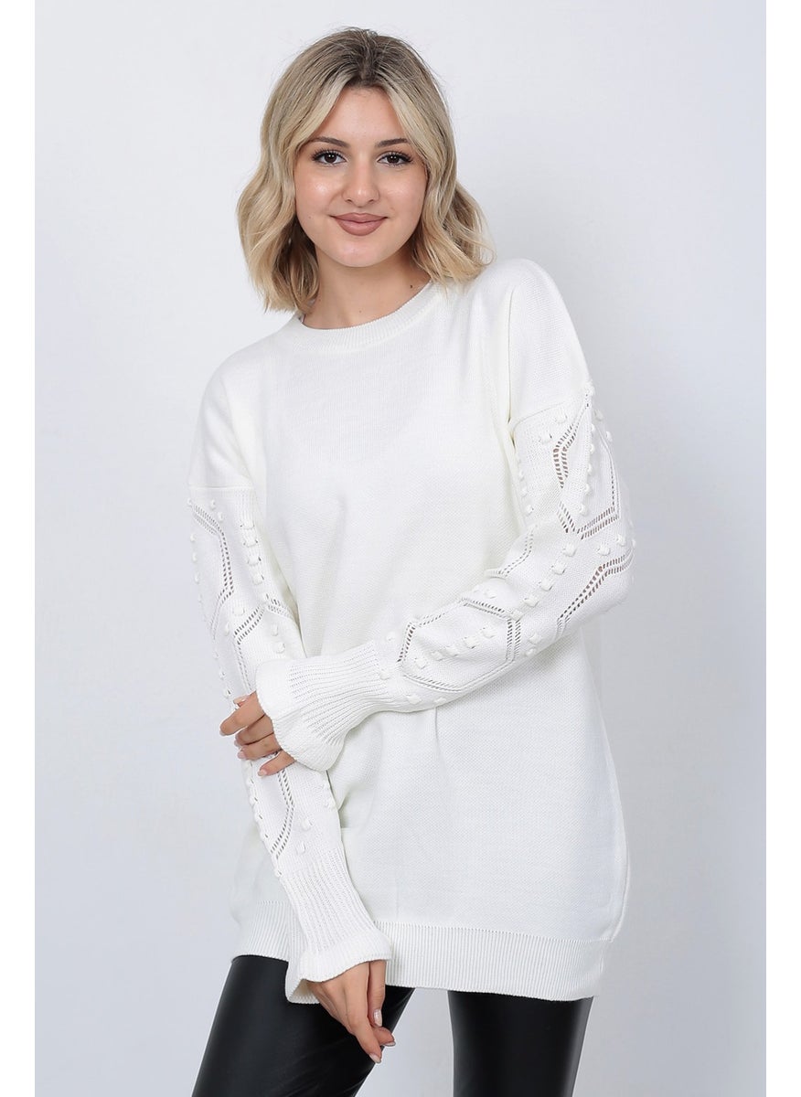Women's Knitwear Sweater Crew Neck Sleeve Patterned Oversize Ecru