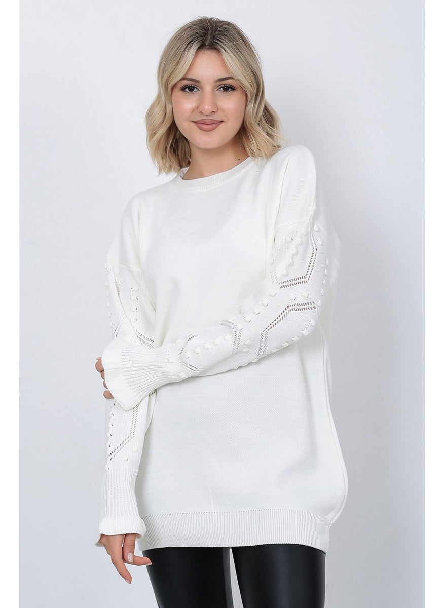 Women's Knitwear Sweater Crew Neck Sleeve Patterned Oversize Ecru