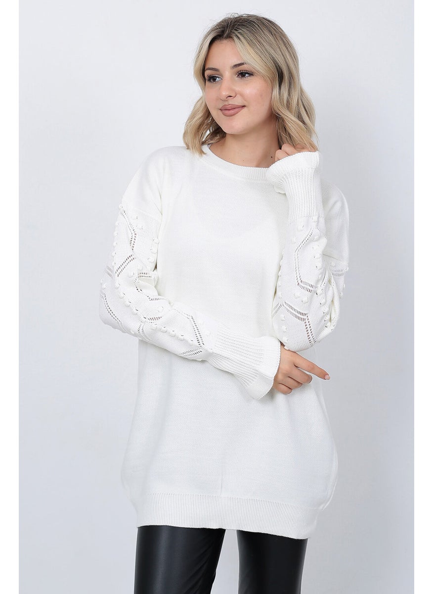 Women's Knitwear Sweater Crew Neck Sleeve Patterned Oversize Ecru