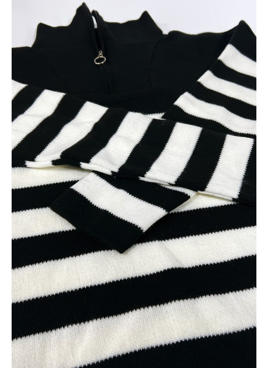 Women's Striped Oversize Cut Zippered Knitwear Sweater Black