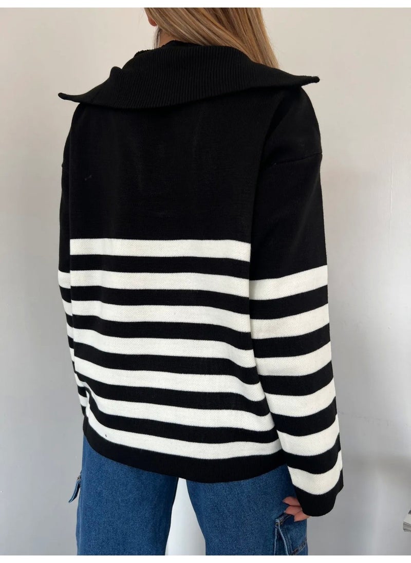 Women's Striped Oversize Cut Zippered Knitwear Sweater Black