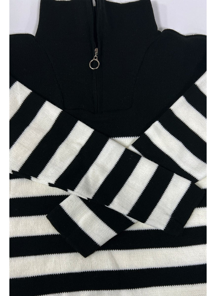 Women's Striped Oversize Cut Zippered Knitwear Sweater Black