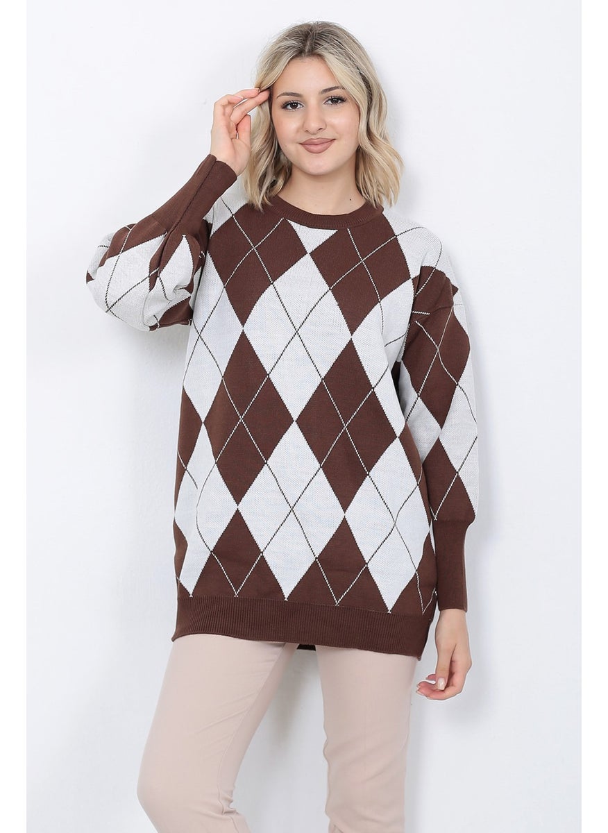 Women's Knitwear Sweater Crew Neck Argentine Patterned Oversize Brown White