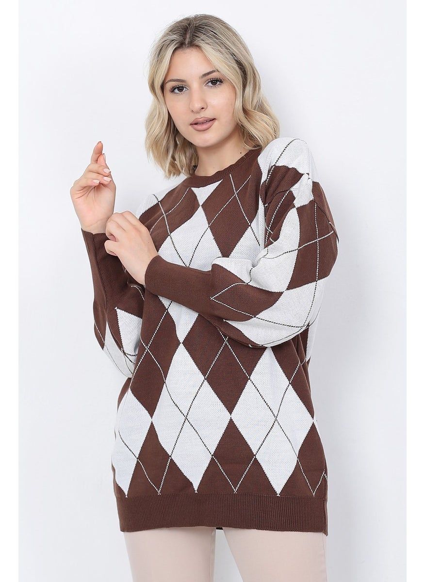 Women's Knitwear Sweater Crew Neck Argentine Patterned Oversize Brown White