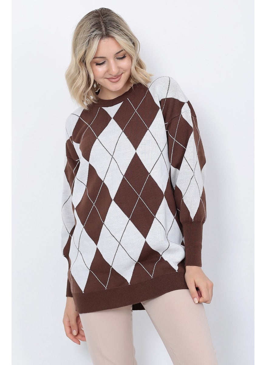 Women's Knitwear Sweater Crew Neck Argentine Patterned Oversize Brown White