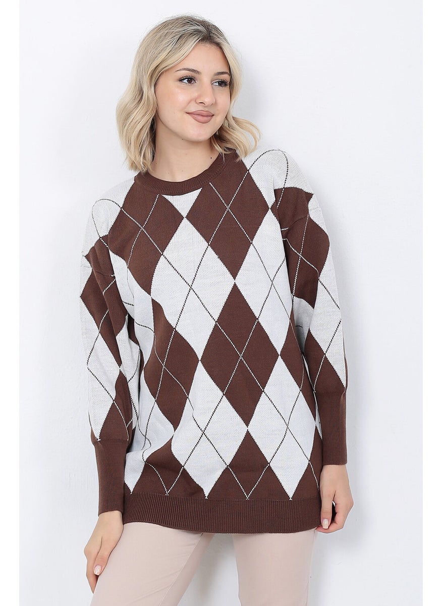Women's Knitwear Sweater Crew Neck Argentine Patterned Oversize Brown White