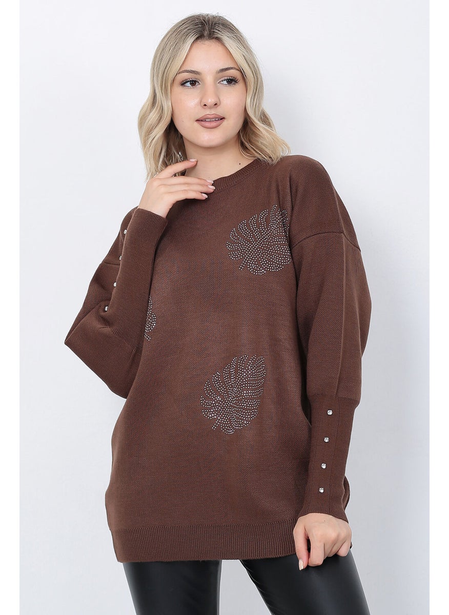 Women's Knitwear Sweater Crew Neck Leaf Patterned Sleeve Stone Oversize Brown