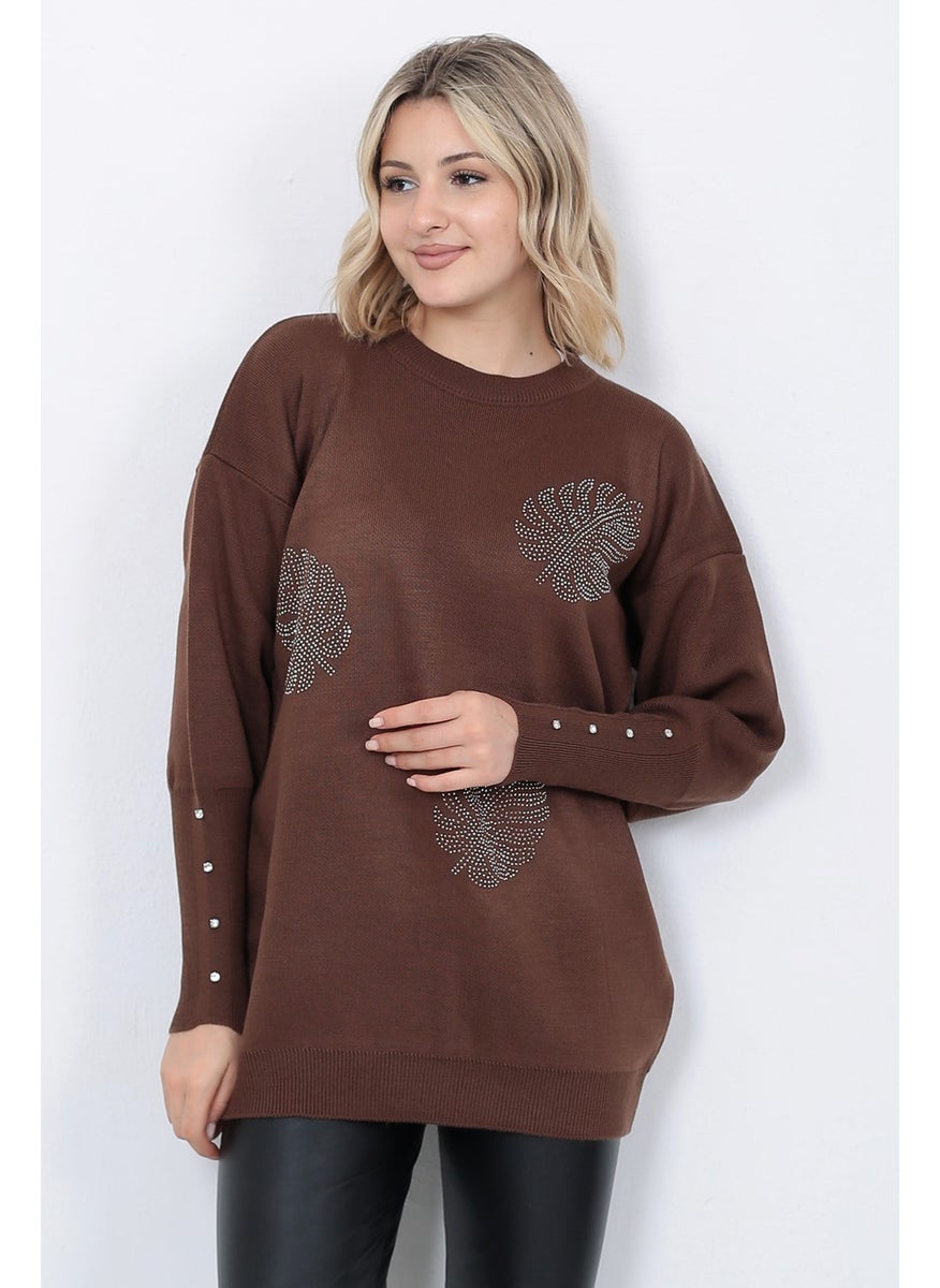 Women's Knitwear Sweater Crew Neck Leaf Patterned Sleeve Stone Oversize Brown