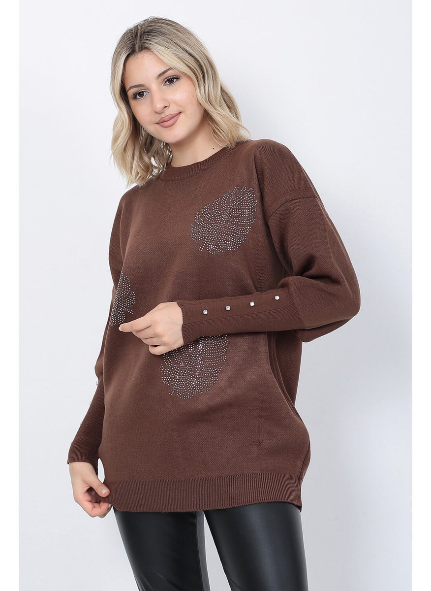 Women's Knitwear Sweater Crew Neck Leaf Patterned Sleeve Stone Oversize Brown