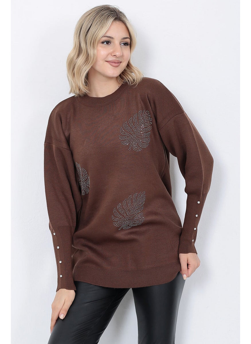 Women's Knitwear Sweater Crew Neck Leaf Patterned Sleeve Stone Oversize Brown