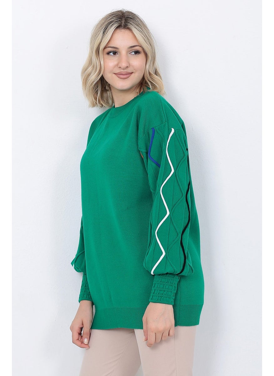 Women's Knitwear Sweater Crew Neck Wavy Line Patterned Oversize Green