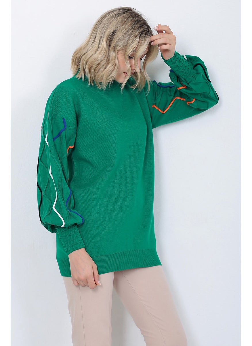 Women's Knitwear Sweater Crew Neck Wavy Line Patterned Oversize Green