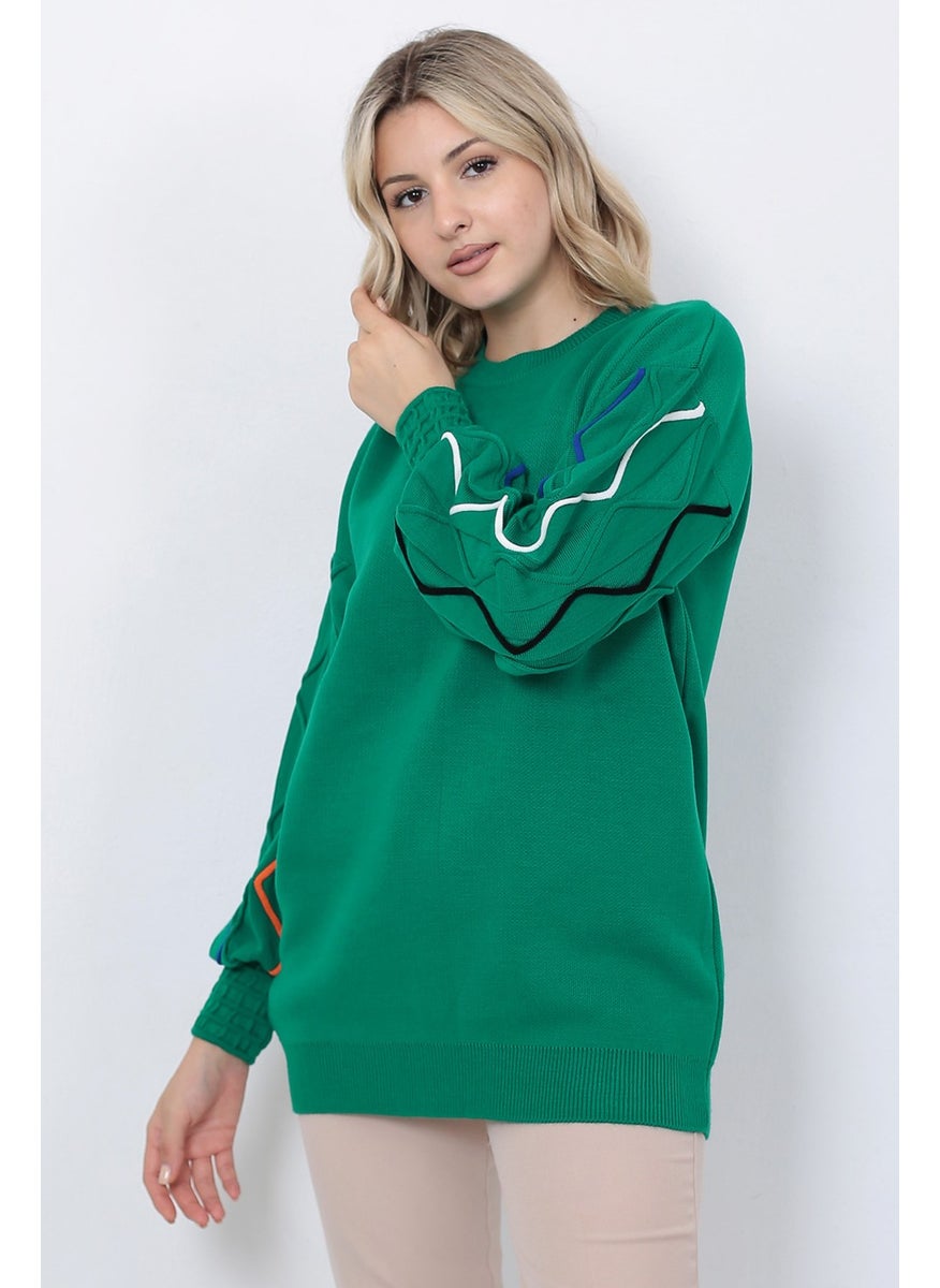Women's Knitwear Sweater Crew Neck Wavy Line Patterned Oversize Green