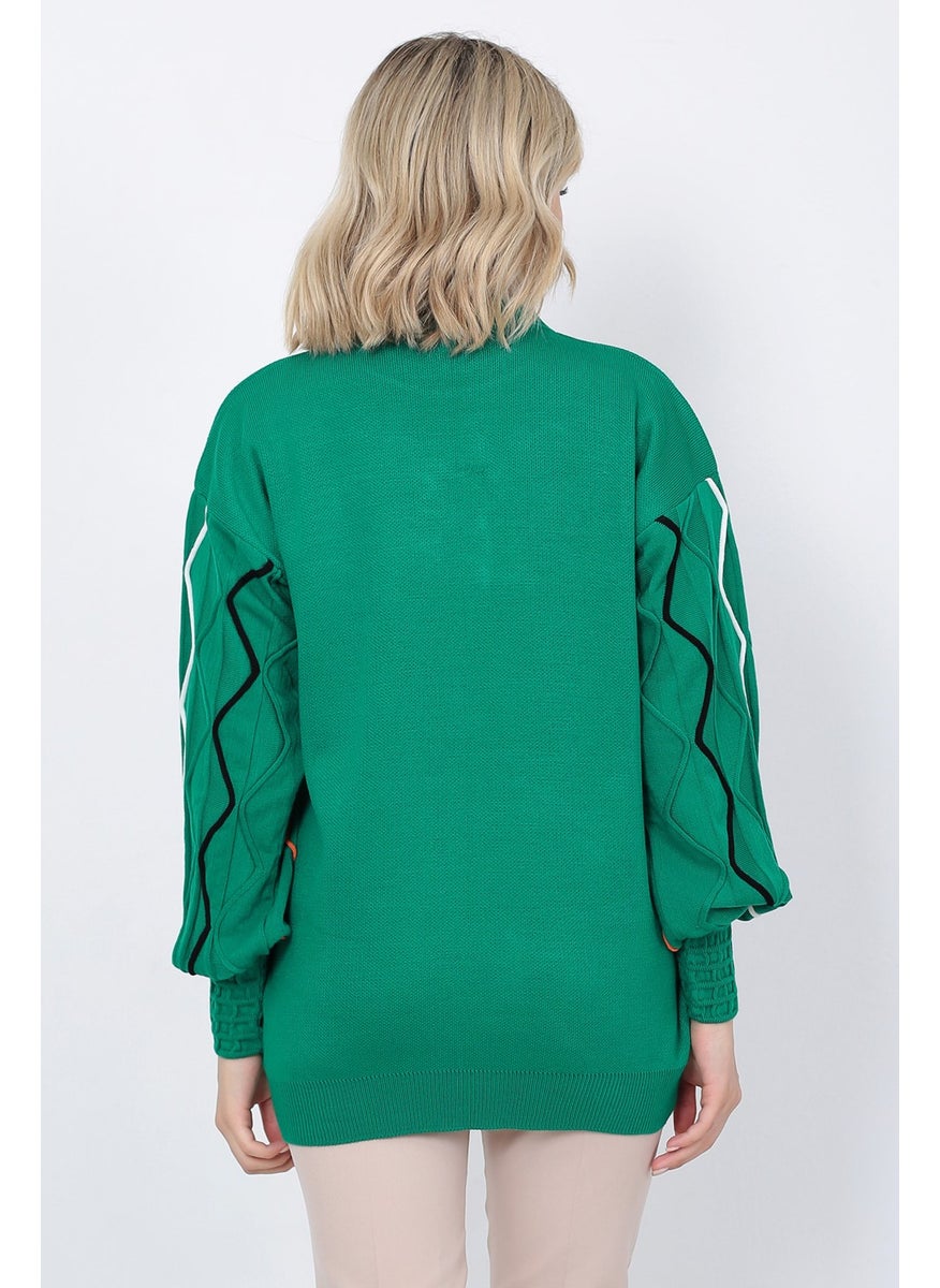 Women's Knitwear Sweater Crew Neck Wavy Line Patterned Oversize Green