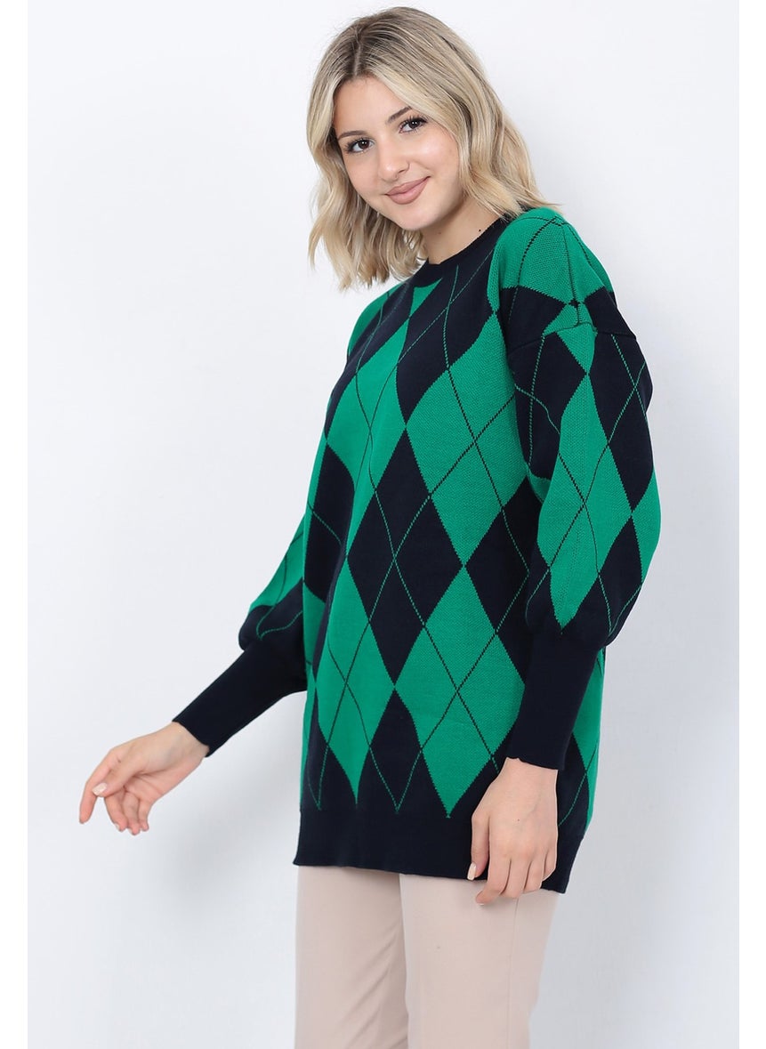Women's Knitwear Sweater Crew Neck Diamond Patterned Oversize Black-Green