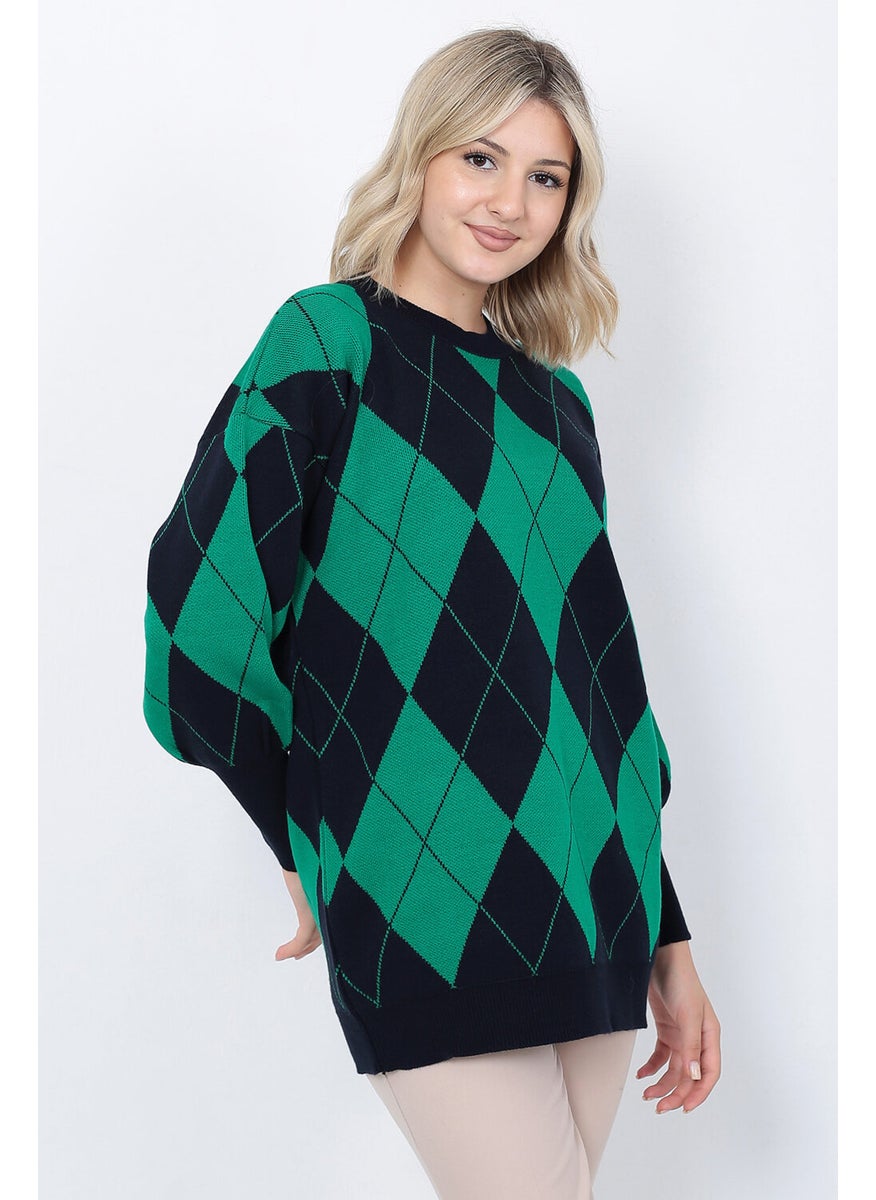 Women's Knitwear Sweater Crew Neck Diamond Patterned Oversize Black-Green
