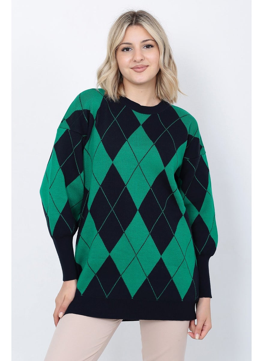 Women's Knitwear Sweater Crew Neck Diamond Patterned Oversize Black-Green
