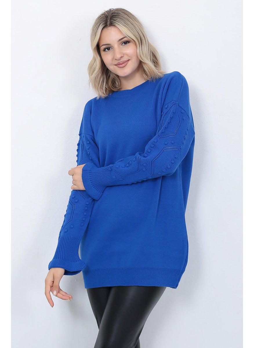 Women's Knitwear Sweater Crew Neck Sleeve Patterned Oversize Saks Blue