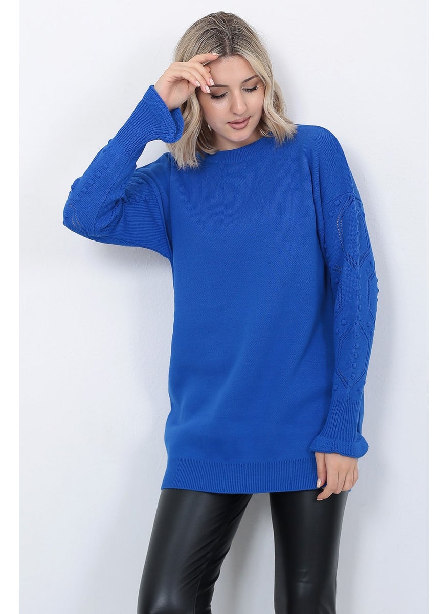Women's Knitwear Sweater Crew Neck Sleeve Patterned Oversize Saks Blue