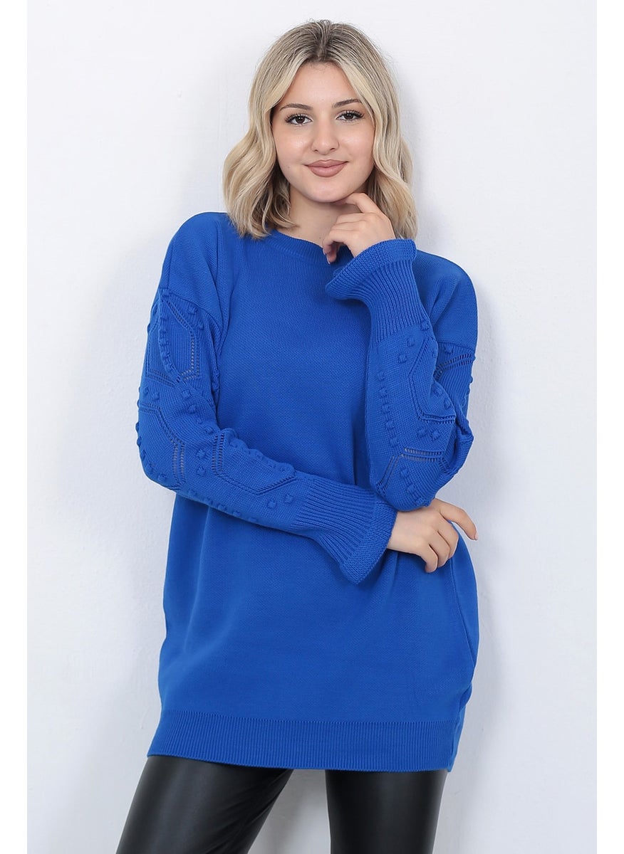 Women's Knitwear Sweater Crew Neck Sleeve Patterned Oversize Saks Blue