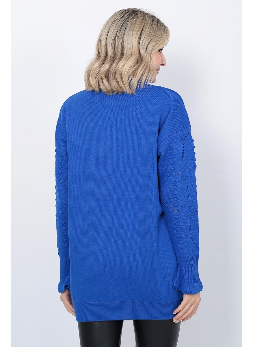 Women's Knitwear Sweater Crew Neck Sleeve Patterned Oversize Saks Blue