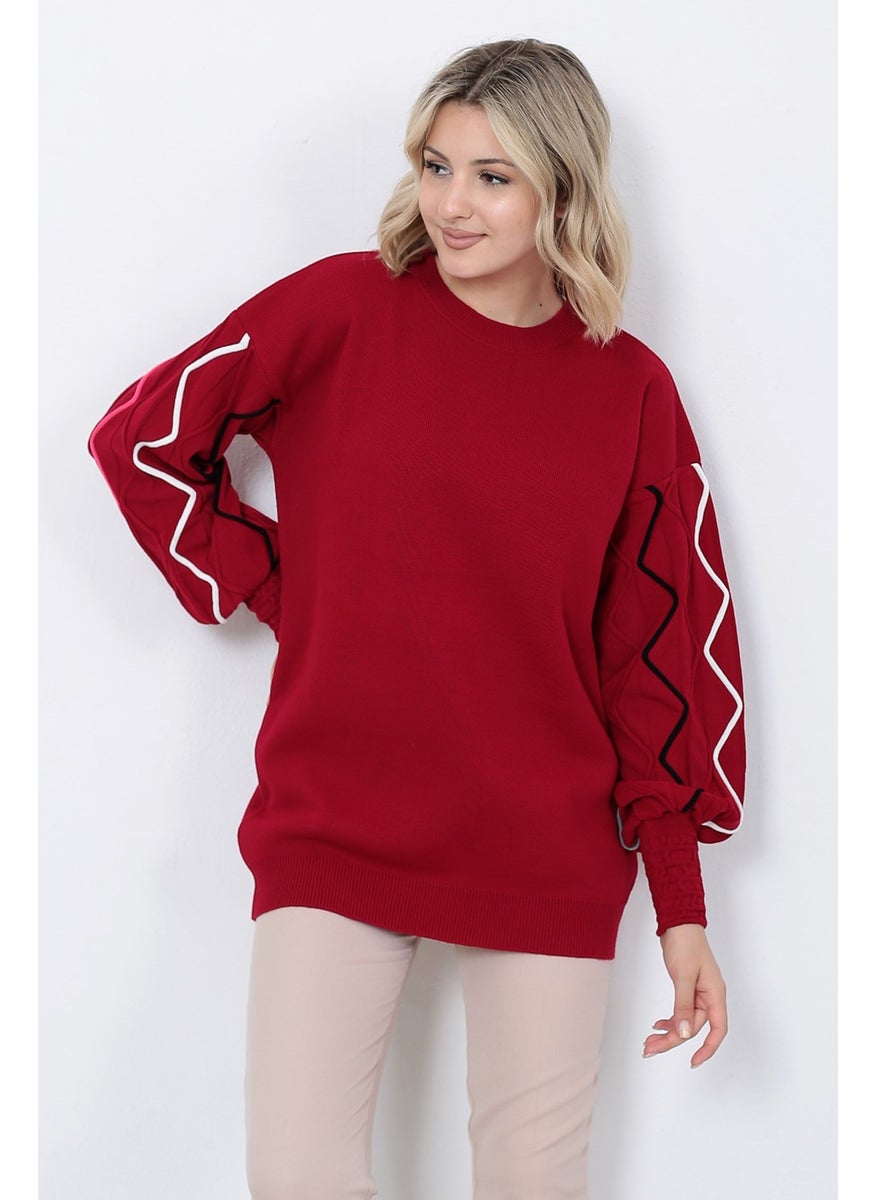Women's Knitwear Sweater Crew Neck Wavy Line Patterned Oversize Red