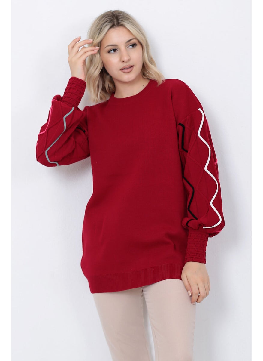 Women's Knitwear Sweater Crew Neck Wavy Line Patterned Oversize Red