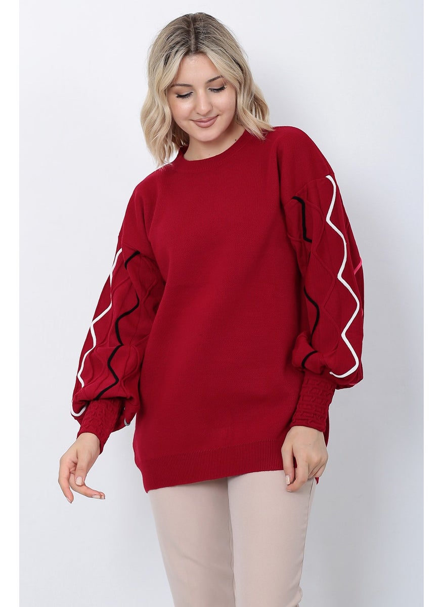 Women's Knitwear Sweater Crew Neck Wavy Line Patterned Oversize Red
