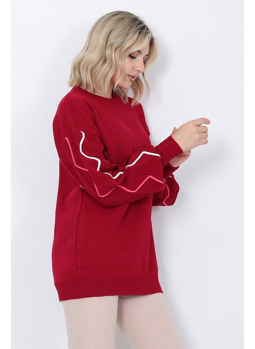 Women's Knitwear Sweater Crew Neck Wavy Line Patterned Oversize Red