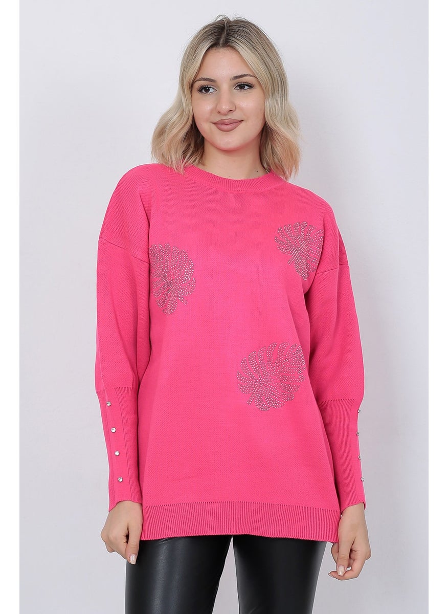 Women's Knitwear Sweater Crew Neck Leaf Patterned Sleeve Stone Oversize Fujya