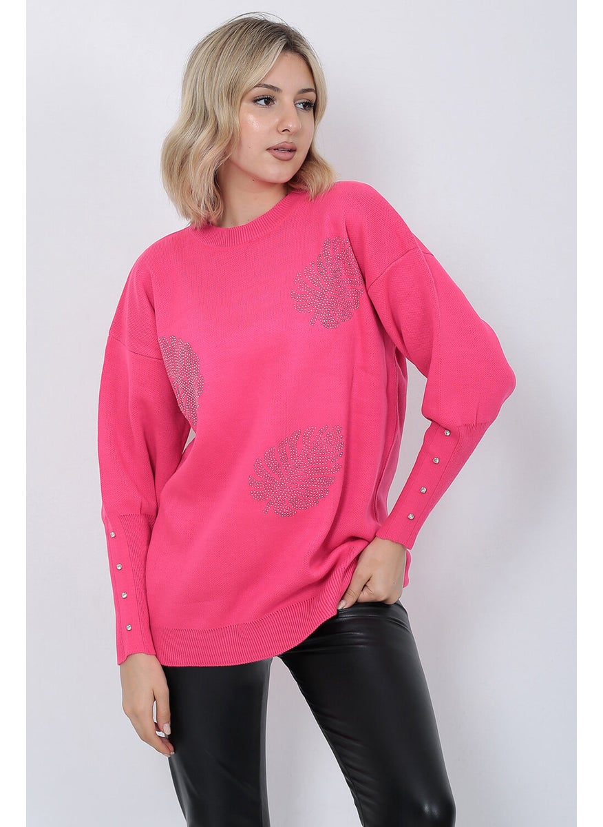 Women's Knitwear Sweater Crew Neck Leaf Patterned Sleeve Stone Oversize Fujya