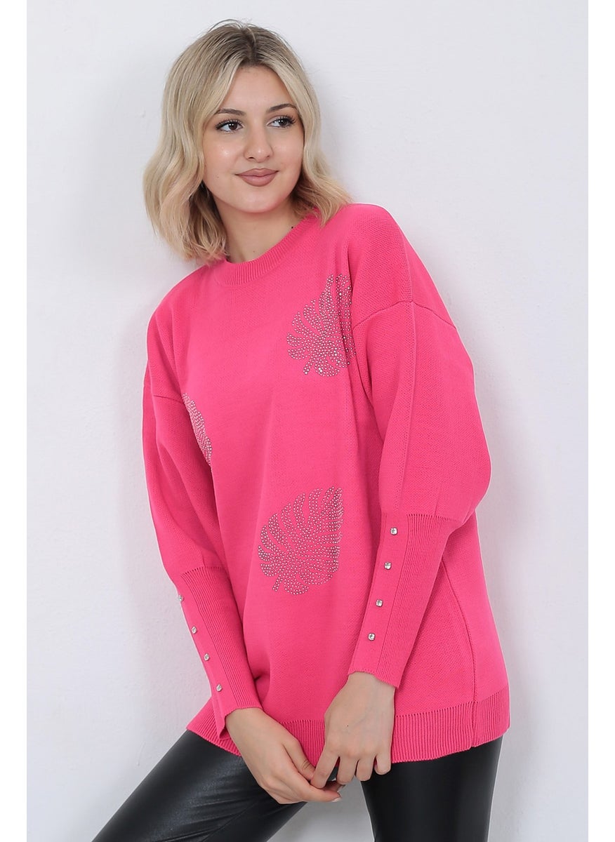 Women's Knitwear Sweater Crew Neck Leaf Patterned Sleeve Stone Oversize Fujya