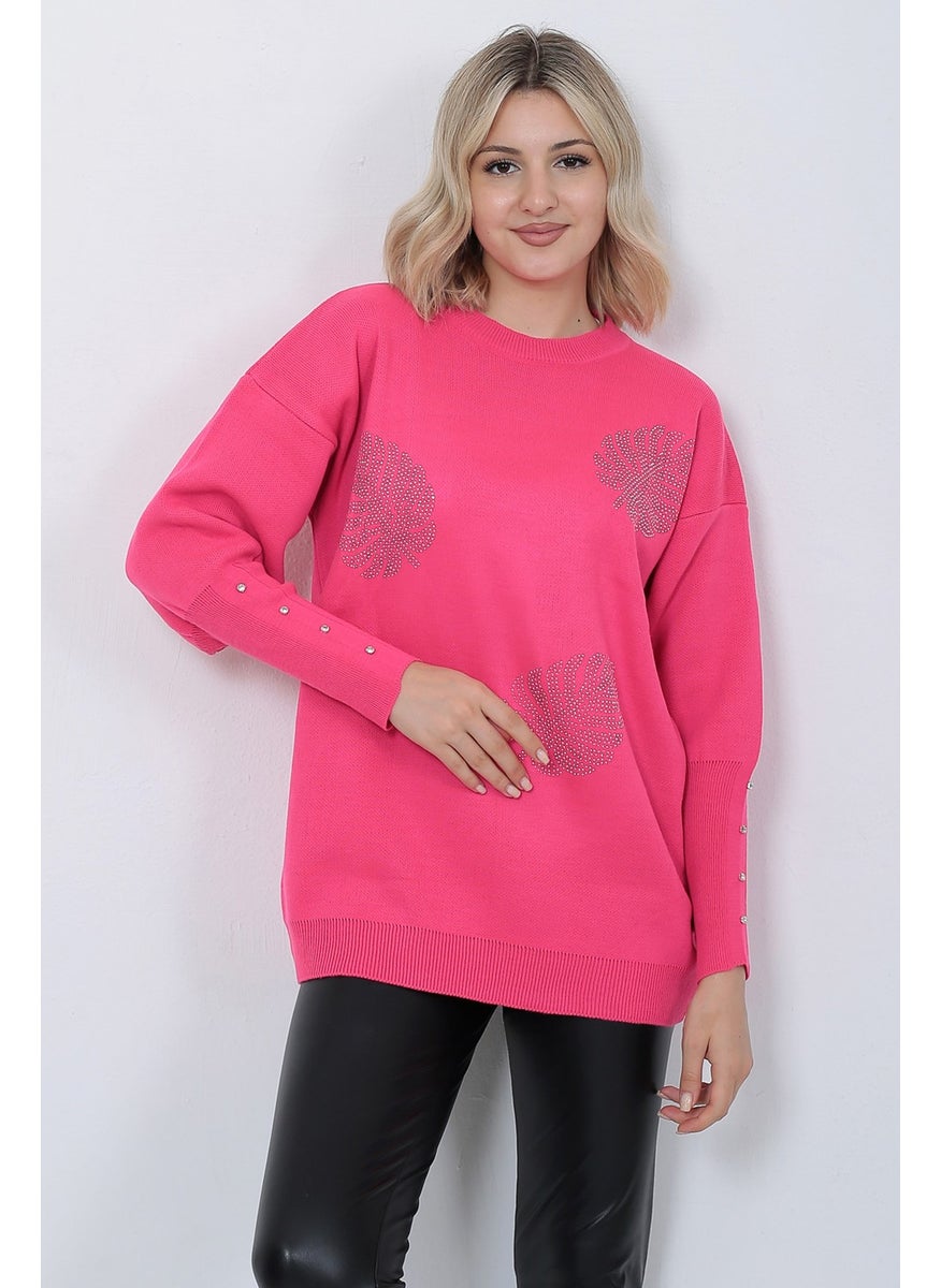 Women's Knitwear Sweater Crew Neck Leaf Patterned Sleeve Stone Oversize Fujya