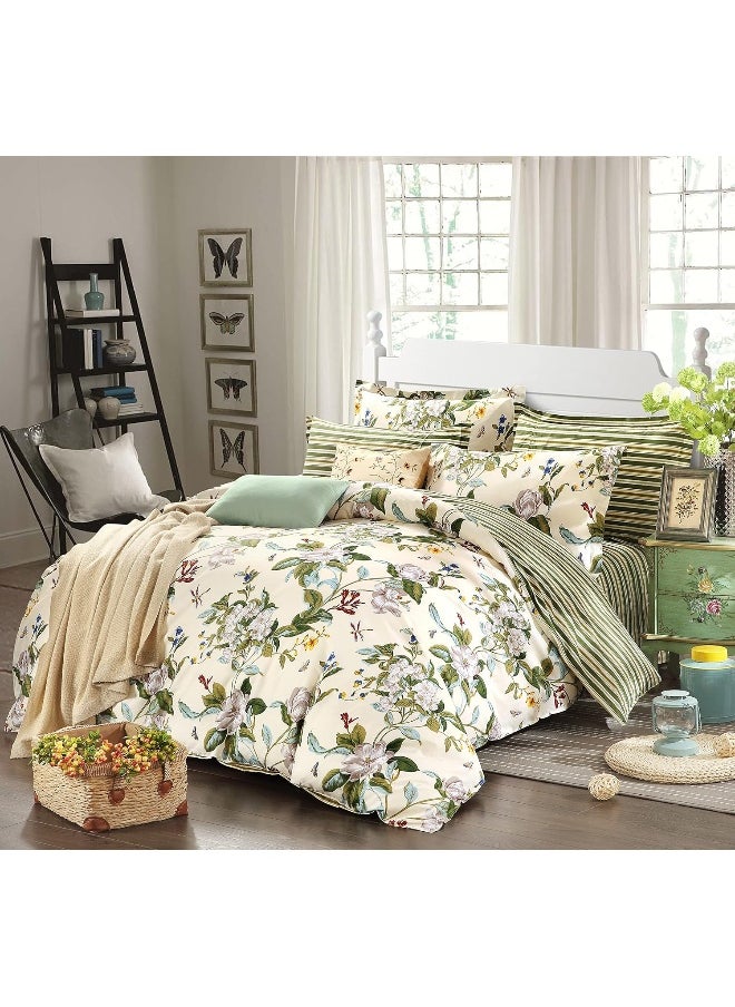 FADFAY Shabby Floral Bedding Set King Size 7Pcs 100% Cotton Green Cream Flower Bed Sheets with Duvet Cover Set, Complete Bedding Bed in a Bag Vintage Farmhouse Ultra Soft Deep Pocket Fitted Sheets