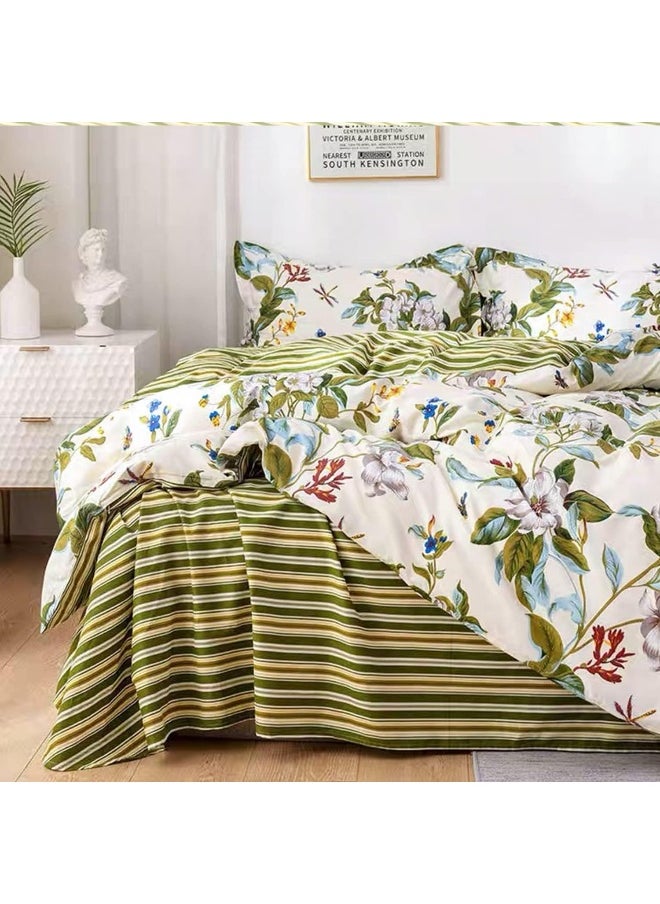 FADFAY Shabby Floral Bedding Set King Size 7Pcs 100% Cotton Green Cream Flower Bed Sheets with Duvet Cover Set, Complete Bedding Bed in a Bag Vintage Farmhouse Ultra Soft Deep Pocket Fitted Sheets