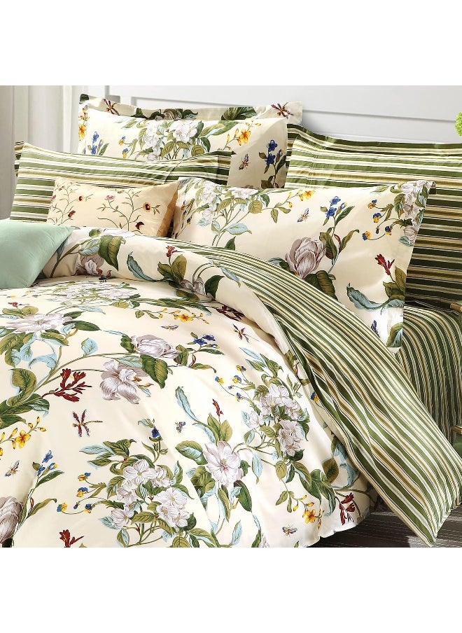 FADFAY Shabby Floral Bedding Set King Size 7Pcs 100% Cotton Green Cream Flower Bed Sheets with Duvet Cover Set, Complete Bedding Bed in a Bag Vintage Farmhouse Ultra Soft Deep Pocket Fitted Sheets