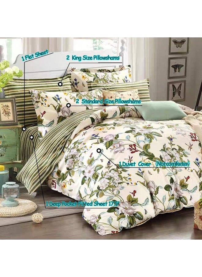 FADFAY Shabby Floral Bedding Set King Size 7Pcs 100% Cotton Green Cream Flower Bed Sheets with Duvet Cover Set, Complete Bedding Bed in a Bag Vintage Farmhouse Ultra Soft Deep Pocket Fitted Sheets