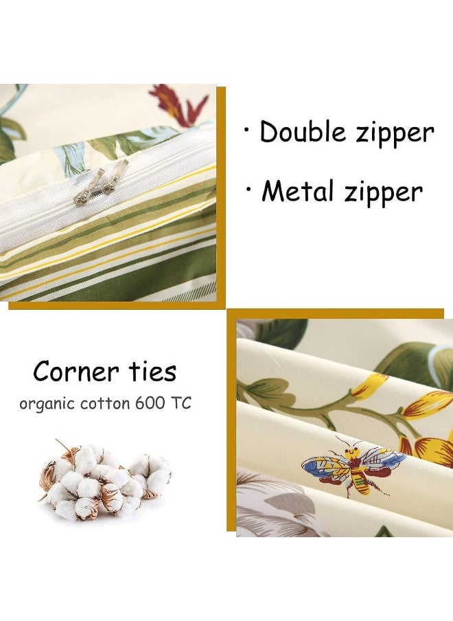 FADFAY Shabby Floral Bedding Set King Size 7Pcs 100% Cotton Green Cream Flower Bed Sheets with Duvet Cover Set, Complete Bedding Bed in a Bag Vintage Farmhouse Ultra Soft Deep Pocket Fitted Sheets