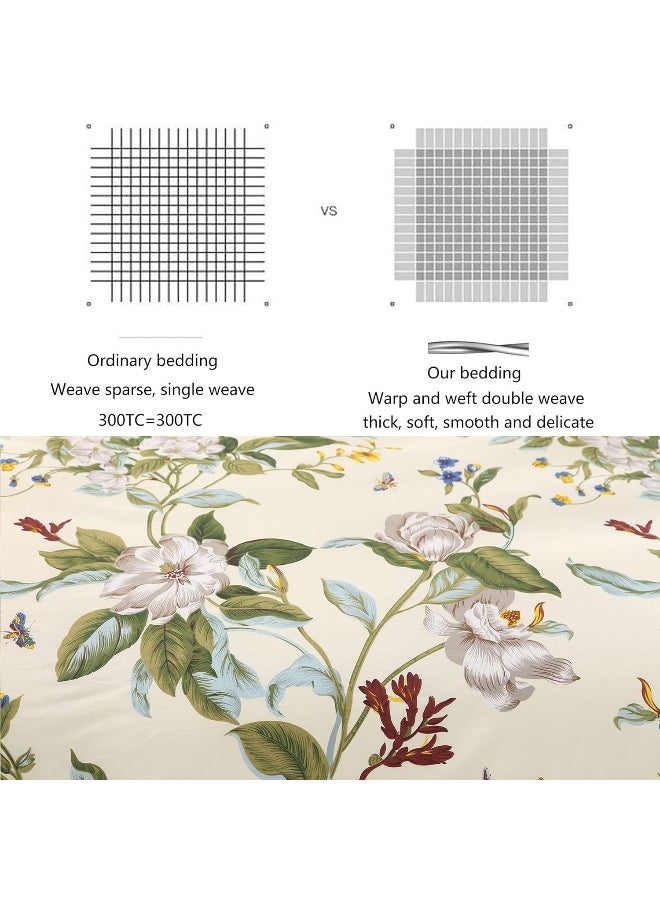 FADFAY Shabby Floral Bedding Set King Size 7Pcs 100% Cotton Green Cream Flower Bed Sheets with Duvet Cover Set, Complete Bedding Bed in a Bag Vintage Farmhouse Ultra Soft Deep Pocket Fitted Sheets