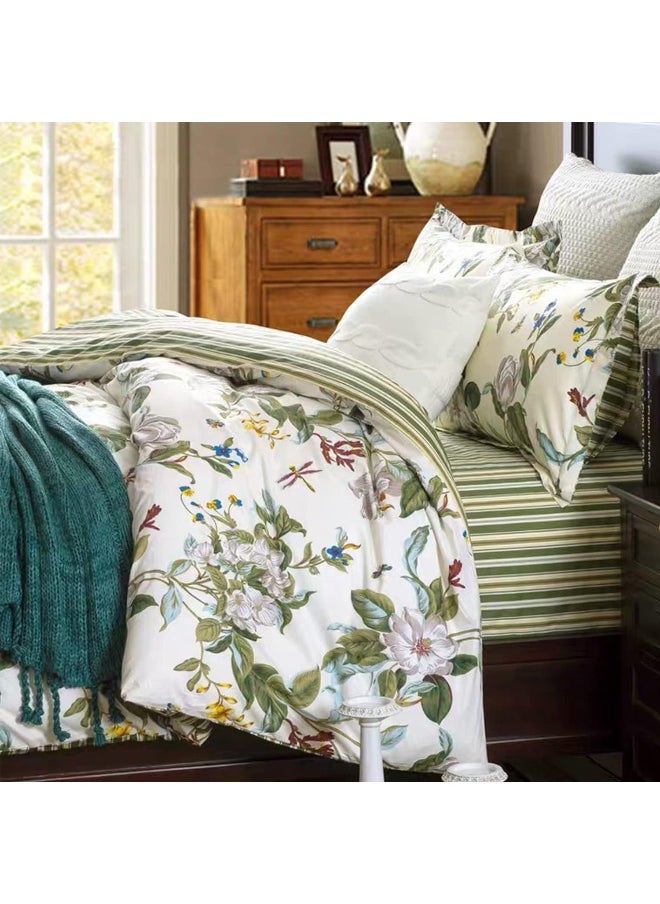FADFAY Shabby Floral Bedding Set King Size 7Pcs 100% Cotton Green Cream Flower Bed Sheets with Duvet Cover Set, Complete Bedding Bed in a Bag Vintage Farmhouse Ultra Soft Deep Pocket Fitted Sheets