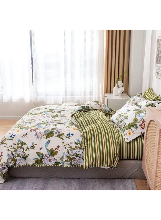 FADFAY Shabby Floral Bedding Set King Size 7Pcs 100% Cotton Green Cream Flower Bed Sheets with Duvet Cover Set, Complete Bedding Bed in a Bag Vintage Farmhouse Ultra Soft Deep Pocket Fitted Sheets