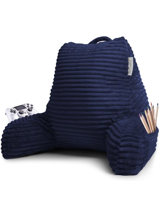 Clara Clark Reading Pillow for Bed Adult – Back Pillow for Sitting in Bed, Standard Plush Bed Pillows for Sitting Up in Bed, Shredded Foam Bed Chair Pillow with Arms and Pockets, Navy Bed Rest Pillow