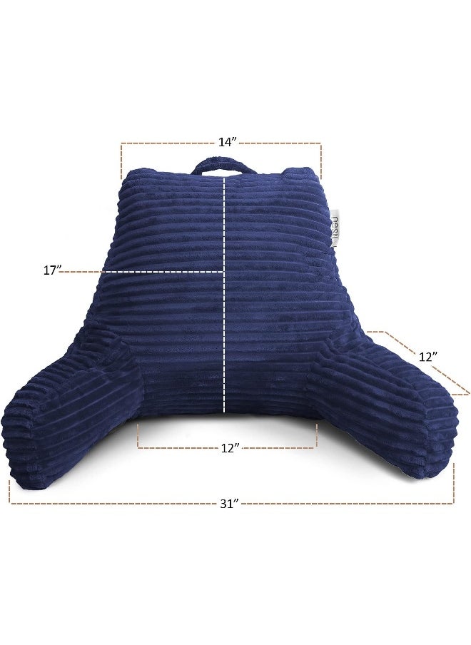 Clara Clark Reading Pillow for Bed Adult – Back Pillow for Sitting in Bed, Standard Plush Bed Pillows for Sitting Up in Bed, Shredded Foam Bed Chair Pillow with Arms and Pockets, Navy Bed Rest Pillow
