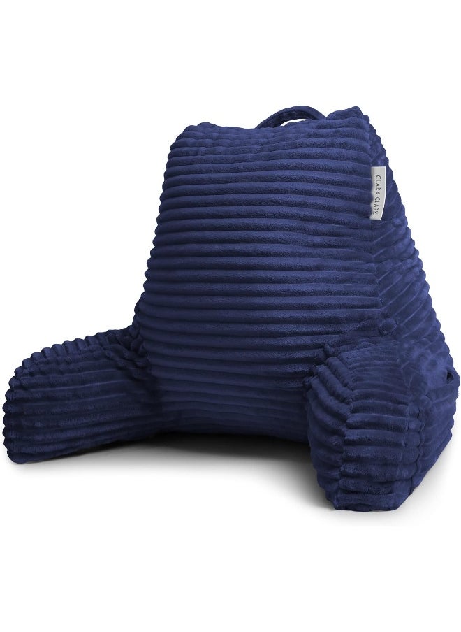 Clara Clark Reading Pillow for Bed Adult – Back Pillow for Sitting in Bed, Standard Plush Bed Pillows for Sitting Up in Bed, Shredded Foam Bed Chair Pillow with Arms and Pockets, Navy Bed Rest Pillow
